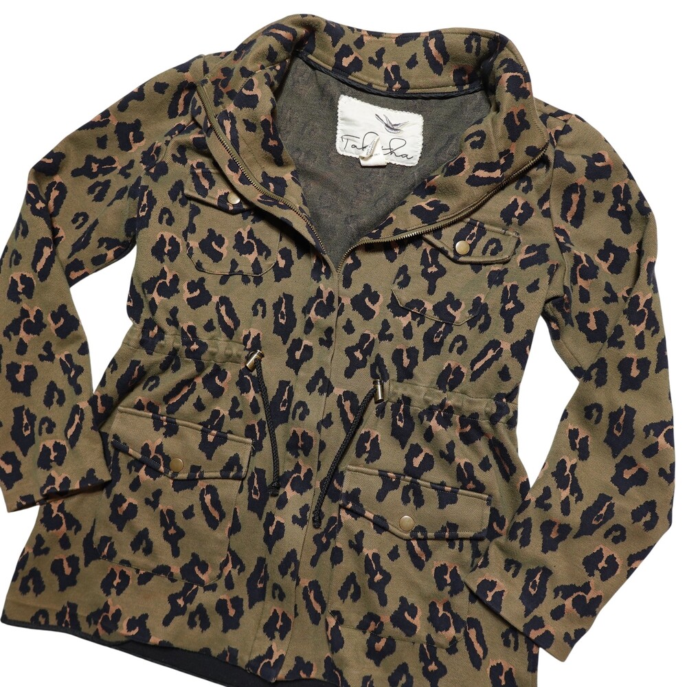 Tabitha Jacket Womens Medium Green Leopard Print Twill Anorak Full Zip Pockets
